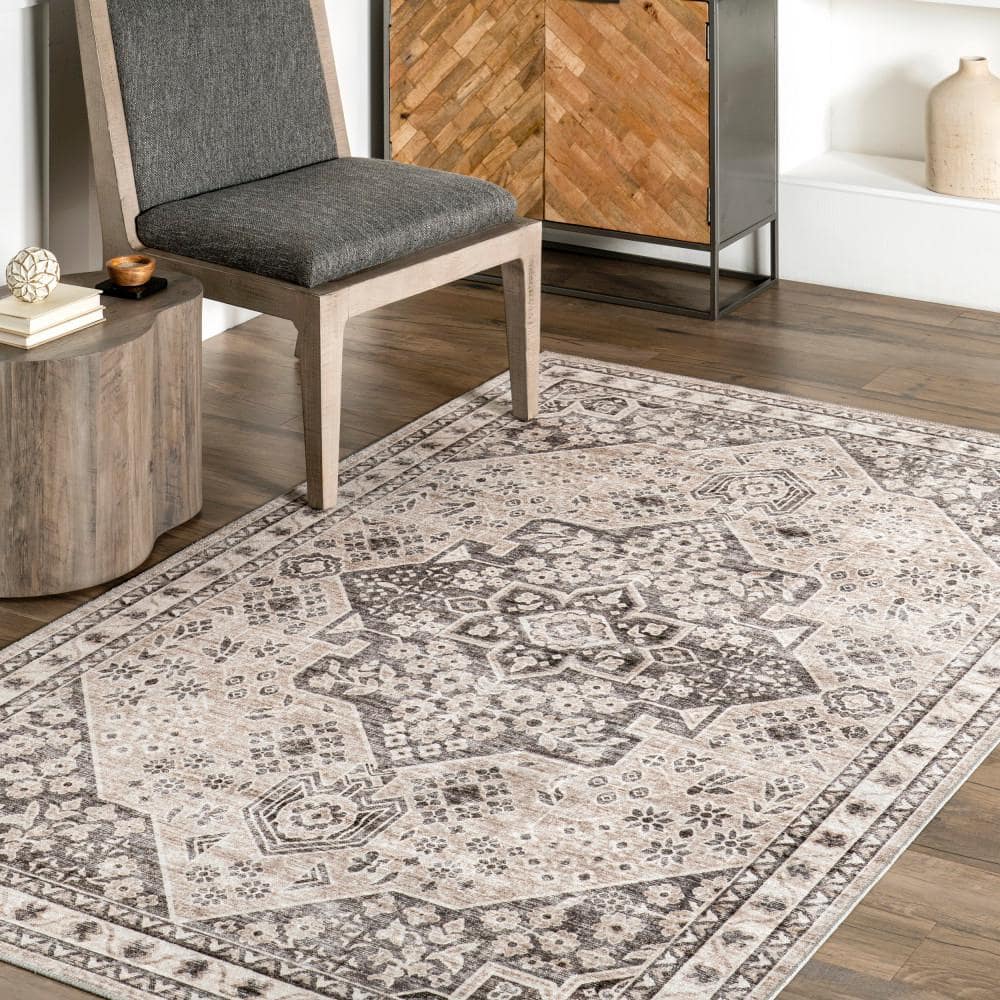 Eira Taupe Medallion Washable Synthetic Area Rug