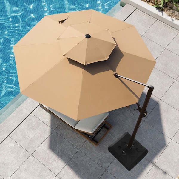 Pellebant 11.5 ft. Octagon Aluminum Cantilever Offset Adjustable Tilt Rotational Patio Umbrella in Tan with Stand Fillable Base