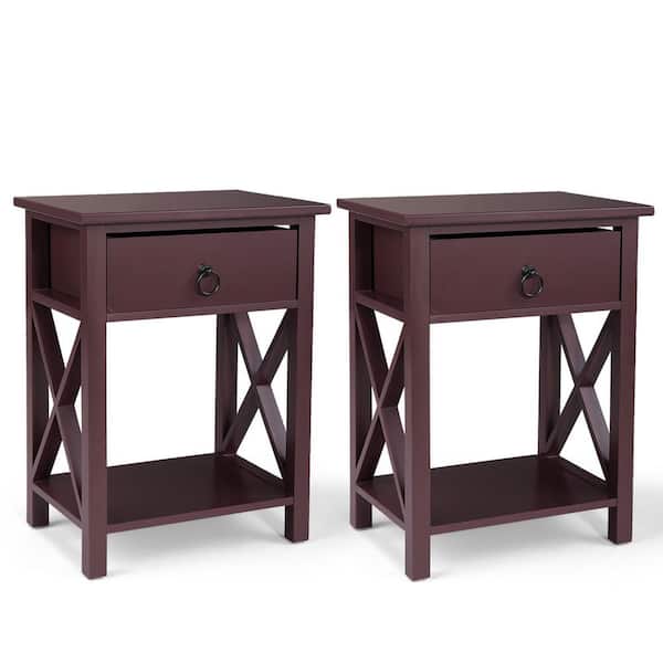 Aoibox 15.9 in. W Set of 2 Wooden Living Room Nightstand, X-Shaped Sofa Side Table, End Table with Drawer, Brown