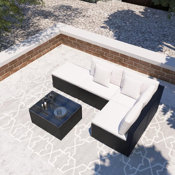 Boyel Living 5-Piece Wicker Outdoor Patio Rattan Sectional Sofa Set With White Cushions Pillows and Coffe Table