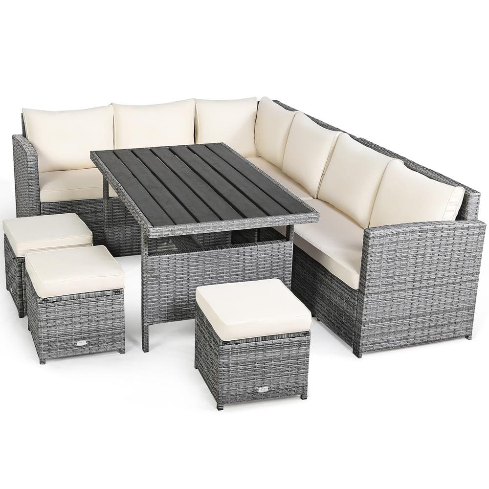 7-Pieces Wicker Patio Conversation Sectional Seating Set with White Cushions -  Costway, HW67190WH+