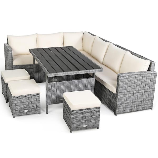 7-Pieces Wicker Patio Conversation Sectional Seating Set with White Cushions