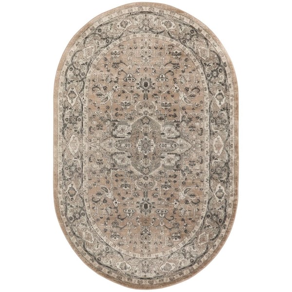 Nourison Concerto Beige Grey 5 ft. x 8 ft. Center medallion Traditional Oval Area Rug