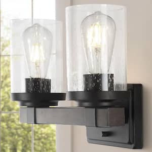 Bungalow 15 in. 2-Light Oil Rubbed Bronze Iron/Seeded Glass Rustic Farmhouse LED Vanity Light