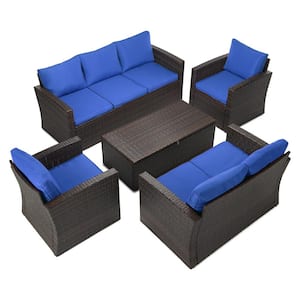 5-Piece Wicker Patio Conversation Furniture Set with Blue Cushions