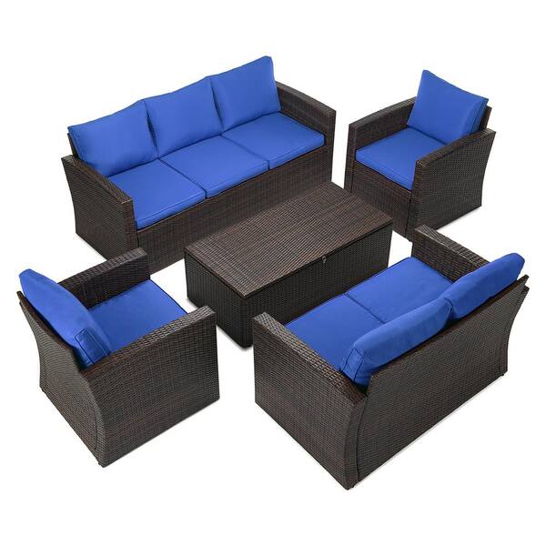 EDYO LIVING 5-Piece Wicker Patio Conversation Furniture Set with Blue ...