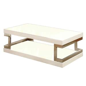 Meda 48 in. White/Chrome Large Rectangle Wood Coffee Table with Shelf