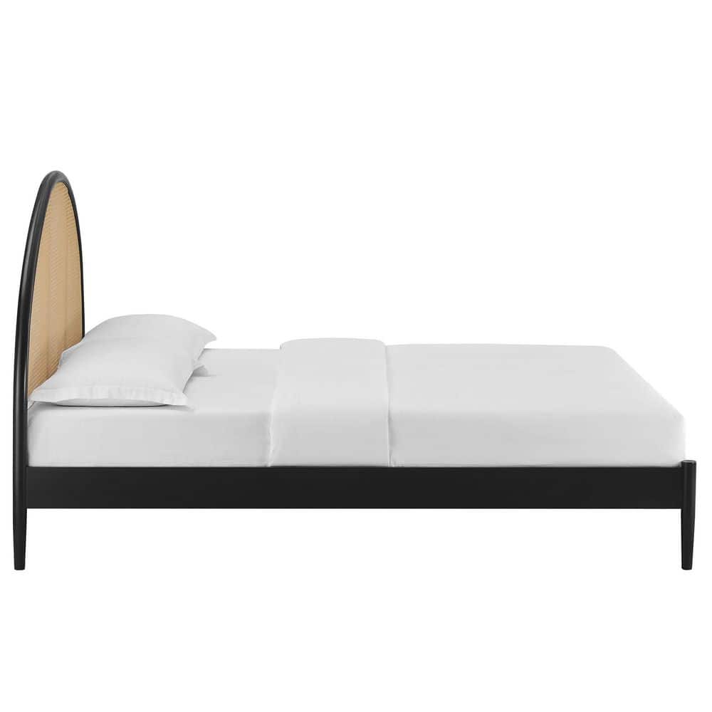 Black Queen Wood Frame Platform Bed with Arched Rattan Cane Headboard