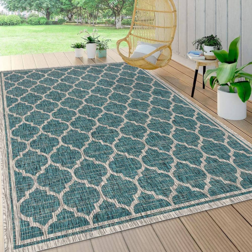 Gray and Teal Synthetic Trellis 4' x 6' Reversible Rug