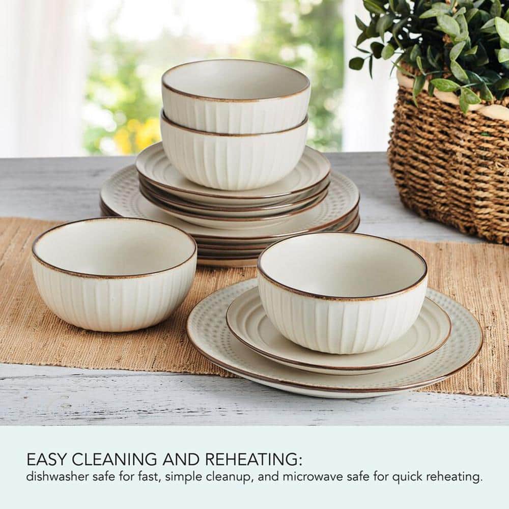 Beige Ceramic 12-Piece Dinnerware Set with Beaded Design