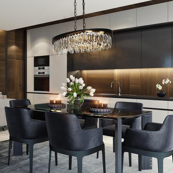Zephyrine 6-Light Matte Black and Plating Brass Crystal Oval Chandelier with No Bulb Included