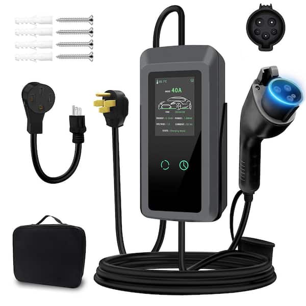 25ft Portable Level 1 & 2 EV Charger, 40-Volt, 110V-240V with NEMA14-50 Plug & 5-15 Adapter, Adjustable Current