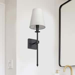 5.9 in.1-Light Black Industrial Wall Sconce with White Fabric Shade for Bathroom Hallway