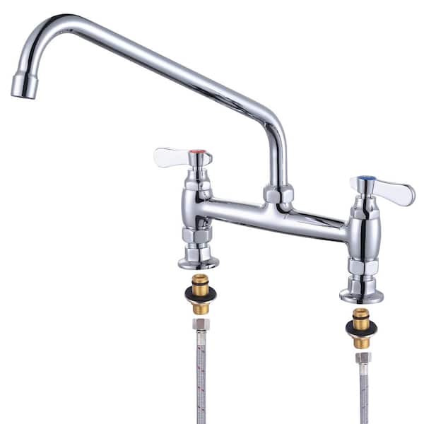 IVIGA Double Handle Deck Mounted Commercial Standard Kitchen Faucet with 14 in. Swivel Spout & Supply Lines in Chrome