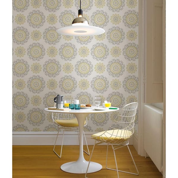 Grey And Yellow Suzani Vinyl Peel & Stick Wallpaper Roll (Covers 30.75 Sq. Ft.)