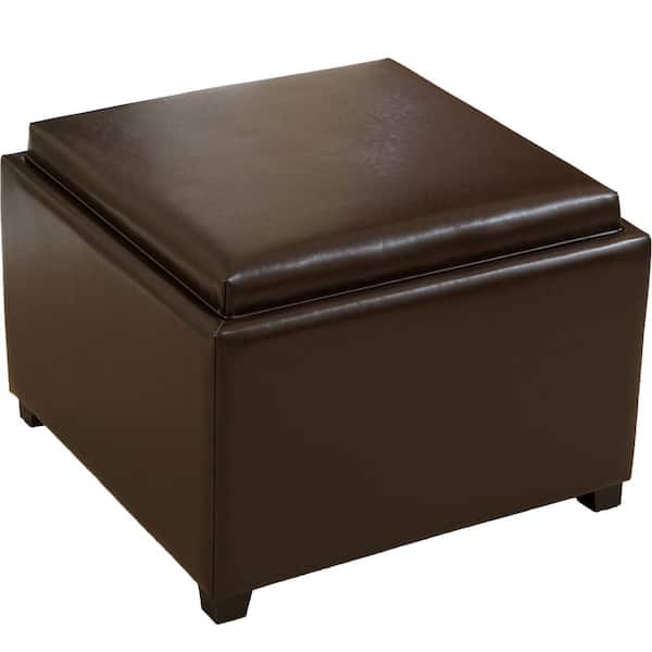 Noble House Wellington Brown Leather Tray Top Ottoman