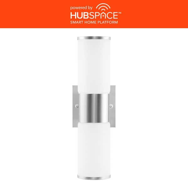 Hampton Bay Hartford 14.25 in. Silver Hardwired LED Smart Cylinder Outdoor Wall Light Sconce Powered by Hubspace
