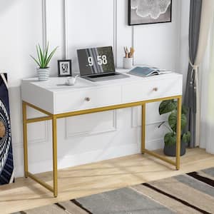 Ellie 47 in. Rectangular Golden Metal White Particle Board Wood 2 Drawer Laptop Desk Makeup Vanity Console Table