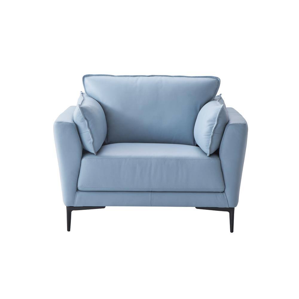 Light Blue Leather and Black Wood Accent Chair