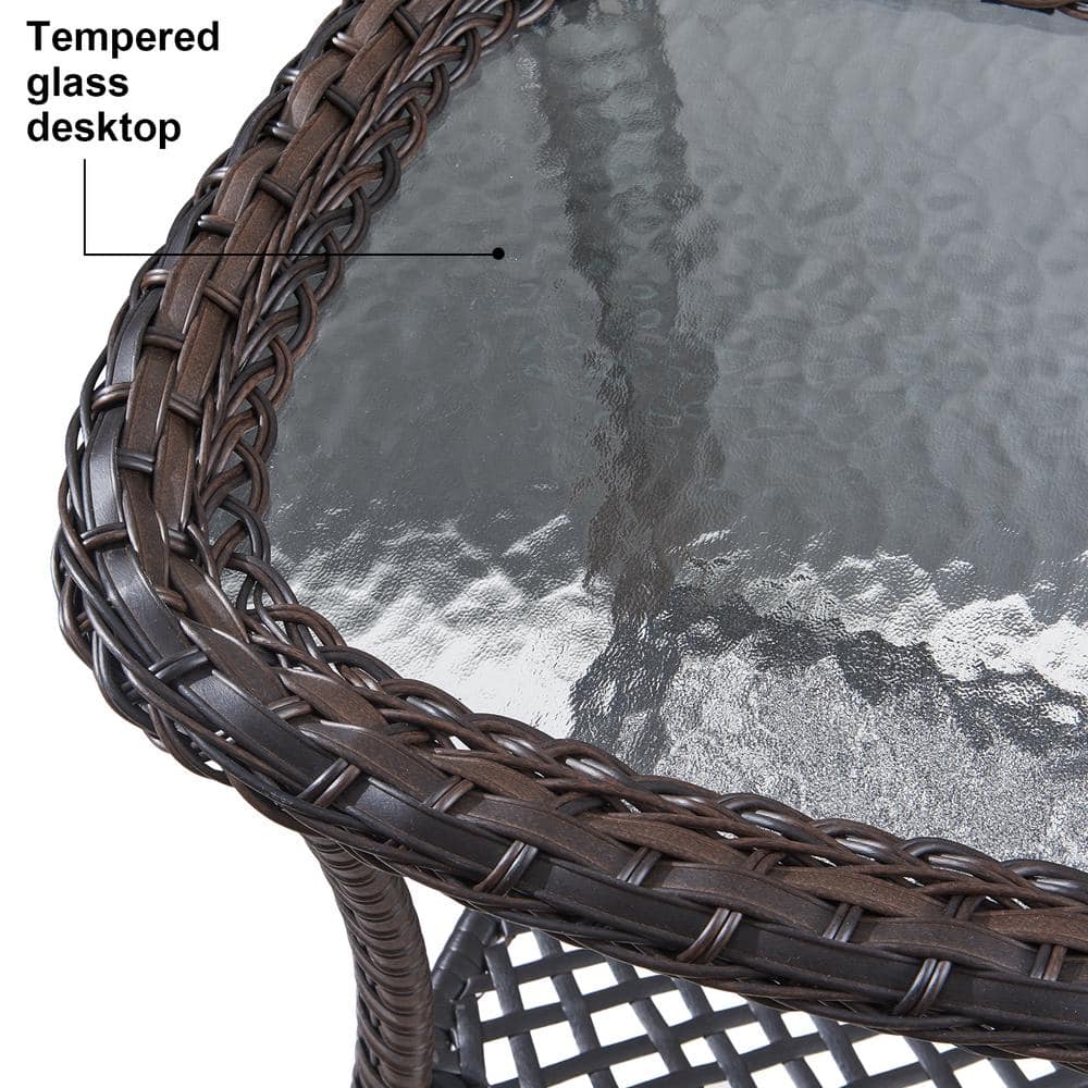 Brown Square Wicker Outdoor Glass Side Table with Storage