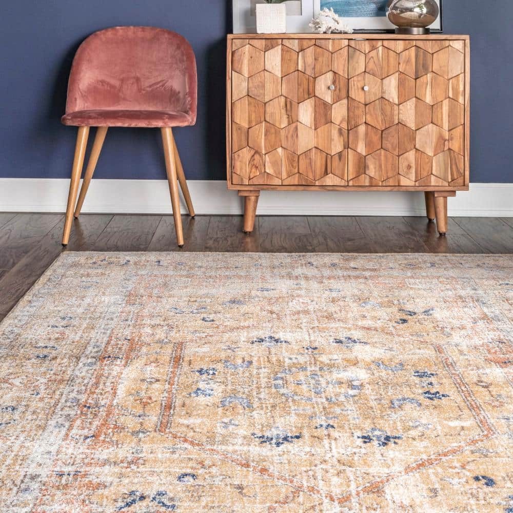 Gold and Beige Rectangular 4' x 6' Synthetic Area Rug