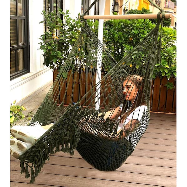 Hammock Chair Super Large Hanging Chair Soft-Spun Cotton Rope Weaving Chair, Hardwood Spreader Bar Wide Seat, Amry-Green