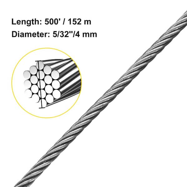 500 ft. Stainless Steel Cable 5/32 in. Stainless Steel Wire Rope 1 x 19 Steel Cable for Railing Decking DIY Balustrade