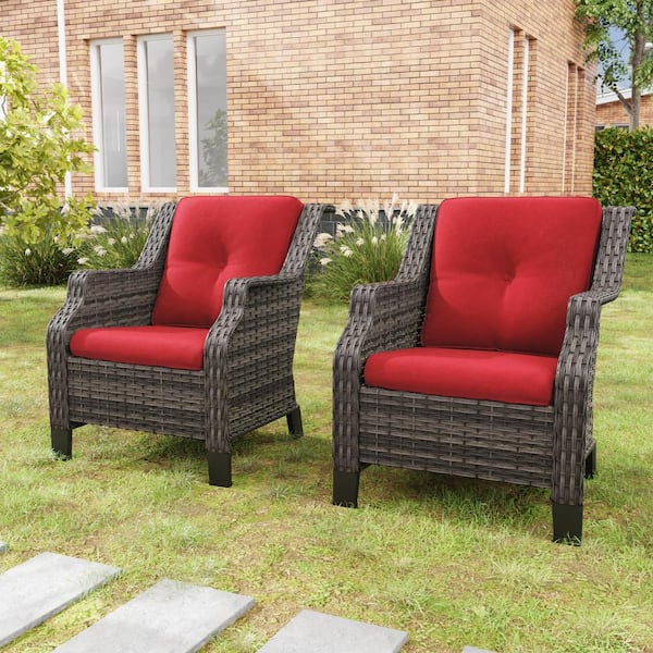 Gardenbee 2-Piece Wicker Patio Outdoor Lounge Chair with Red Cushions