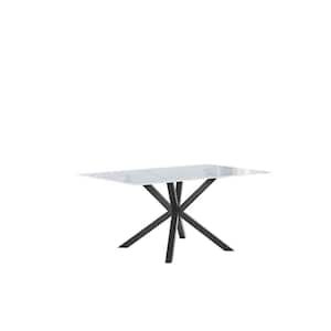 Marcial 47 in. White Rectangle Marble Wrap Glass Top Iron Metal Cross Legs Dining Table (Seats-6)