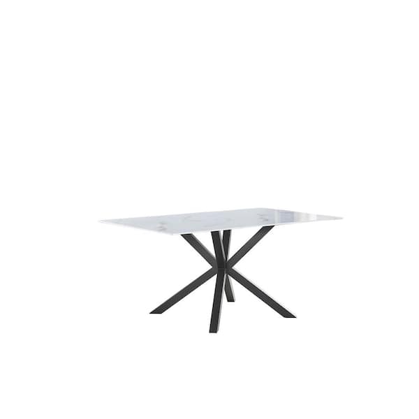 Best Quality Furniture Marcial 47 in. White Rectangle Marble Wrap Glass Top Iron Metal Cross Legs Dining Table (Seats-6)