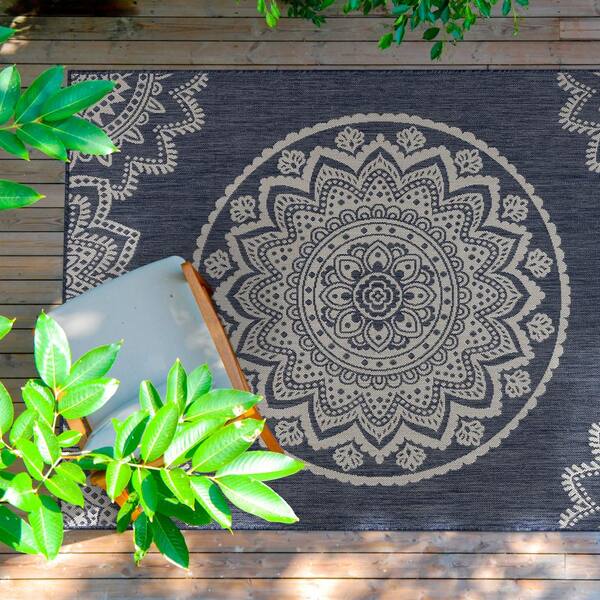 CAMILSON Indoor/Outdoor Rug Navy Blue 5'3”x7' Leaf Tropical Botanical Area  Rugs for Indoor and Outdoor patios, Easy-Cleaning Non-Shedding Living Room