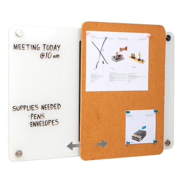 Glass Dry Erase Board with Sliding Corkboard, Wall Mounted Combination Whiteboard and Bulletin Board
