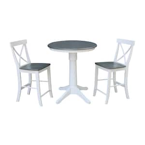 Olivia 3-Piece 30 in. White/Heather Gray Round Solid Wood Counter Height Dining Set with X-Back Stools