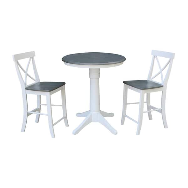 International Concepts Olivia 3-Piece 30 in. White/Heather Gray Round Solid Wood Counter Height Dining Set with X-Back Stools