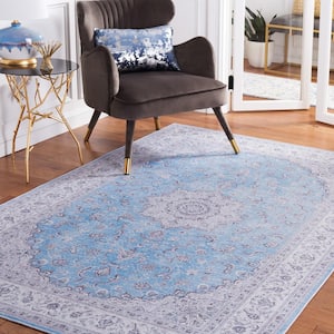 Tuscon Blue/Gray 8 ft. x 10 ft. Machine Washable Border Floral Area Rug