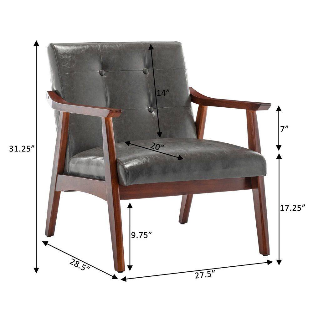 Espresso-Finished Gray Faux Leather Mid-Century Modern Accent Chair