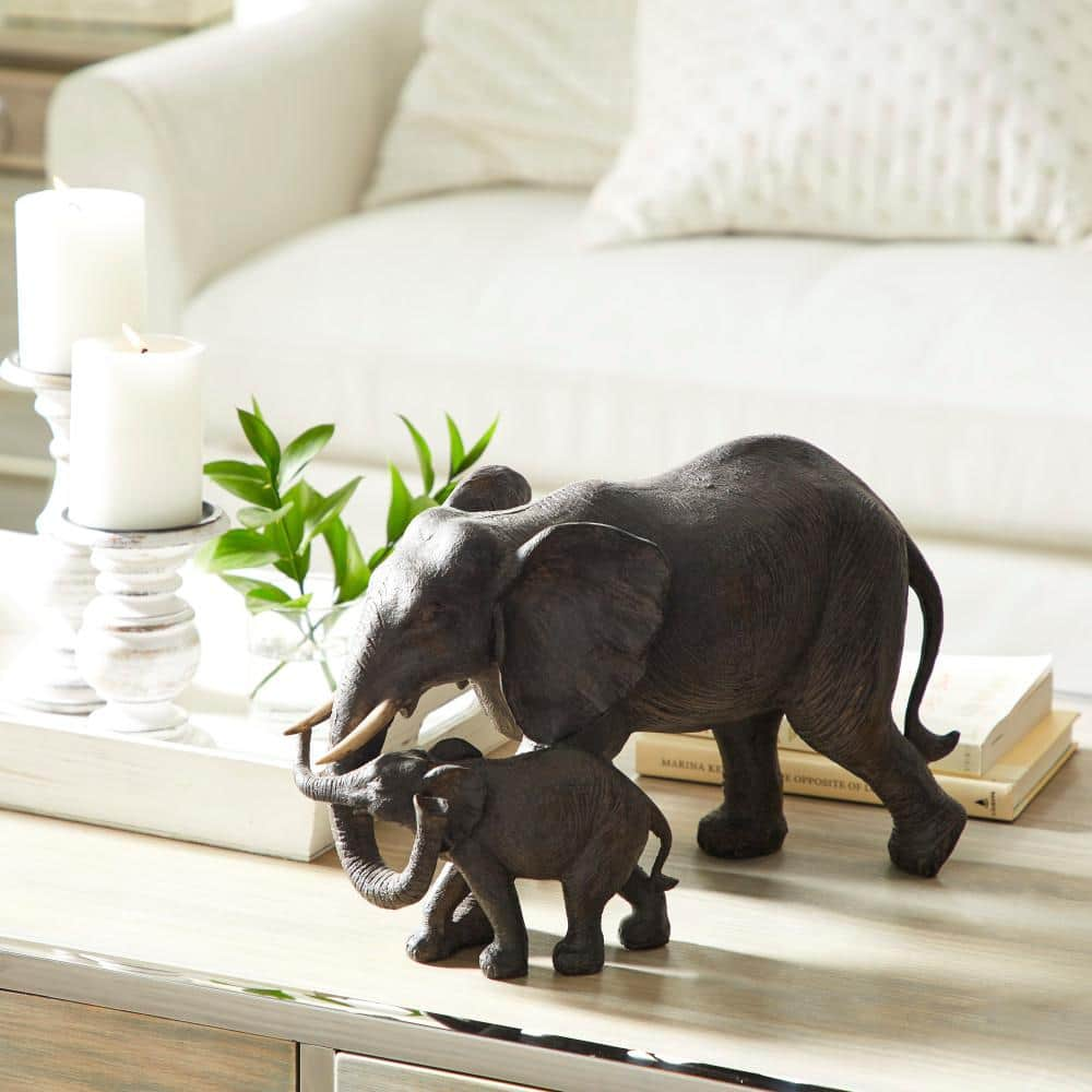 DecMode Eclectic Resin Brown Parent and Young Elephant Sculpture  14 W x 9 H