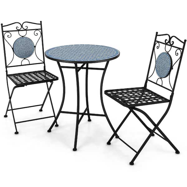 Gymax 3-Piece Metal Outdoor Bistro Set Outdoor Patio Furniture Set with 1 Mosaic Round Table and 2 Folding Chairs