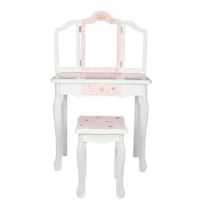 2-Pieces Three Foldable Mirror Kids Dressing Table with Stool