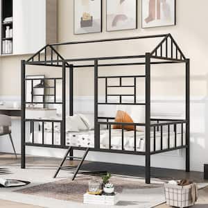 Black Metal Twin Size House Platform Bed with Mini Ladder, Full-Length Guardrails and Slats Support