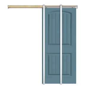 30 in x 80 in Dignity Blue Painted Composite MDF 2Panel Camber Top Sliding Door with Pocket Door Frame and Hardware Kit