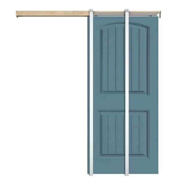 CALHOME 30 in x 80 in Dignity Blue Painted Composite MDF 2Panel Camber Top Sliding Door with Pocket Door Frame and Hardware Kit
