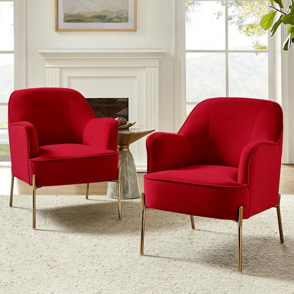 Nora Modern Red Velvet Accent Arm Chair with Gold Metal Legs (Set of 2)