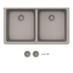 Stonehaven 33 in. Undermount 50/50 Double Bowl Taupe Ice Granite Composite Kitchen Sink with Taupe Strainer