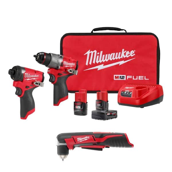 Milwaukee M12 FUEL 12-Volt Li-Ion Brushless Cordless Hammer Drill and Impact Driver Combo Kit (2-Tool) with M12 Right Angle Drill
