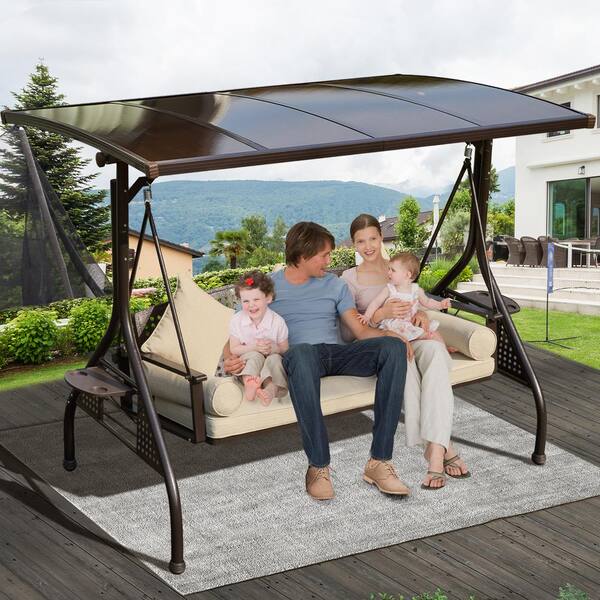 3 Person Metal Outdoor Porch Swing with Adjustable Canopy Patio Swing Chair with Beige Cushions Pillows Cup Holders er 114 The Home Depot