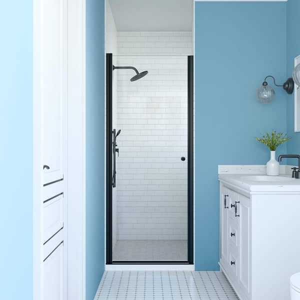 29 to 30 in. W x 72 in. H Space Saving Pivot Semi-Frameless Swing Shower Door in Black Finish with Clear Tempered Glass