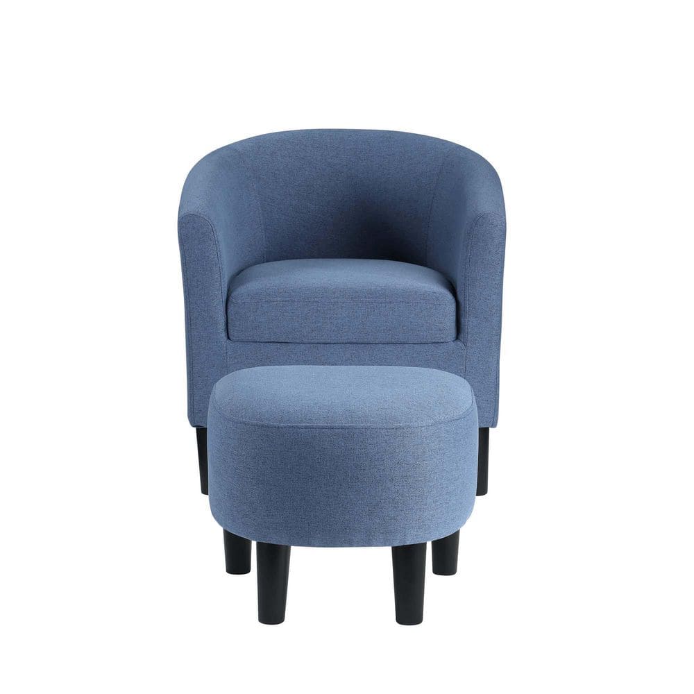 Blue Fabric Barrel Accent Chair with Ottoman