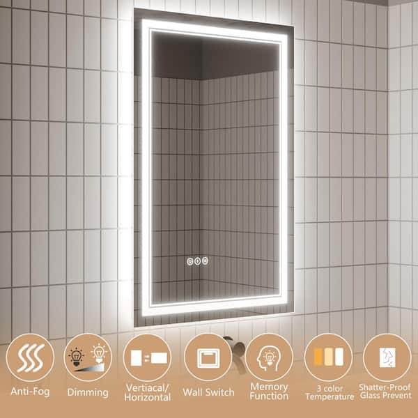 24 in. W x 36 in. H Rectangular Frameless Anti-Fog Wall Dimmable Backlit Dual LED Bathroom Vanity Mirror in Silver