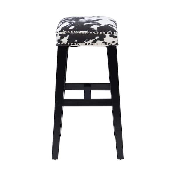 Benjamin 30 in. Black Backless Wood Bar Stool with Cow Printed Polyester Seat